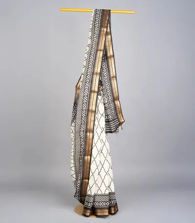 Off White Woven Synthetic Chanderi Cotton Saree With Printed Jaal Motifs-BL3632