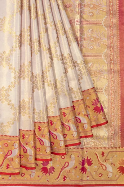 Kanchipuram Silk Tissue Jaal Silver Saree