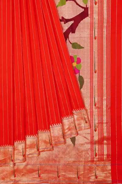 Paithani Silk Vertical Lines Red Saree With Single Muniya Border