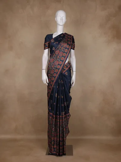 Navy Blue Floral Printed Design Tussar Saree with Contrast Border